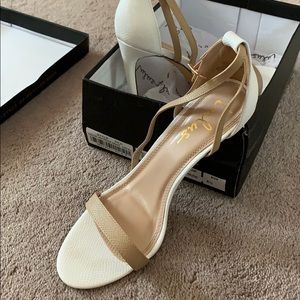 Lulu’s Sila White and Nude Snake Ankle Strap Heels